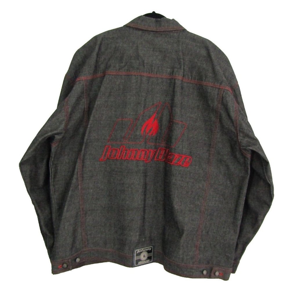 Johnny Blaze Embroidered Black With Red Trim Denim Jacket Men's Size 2XL